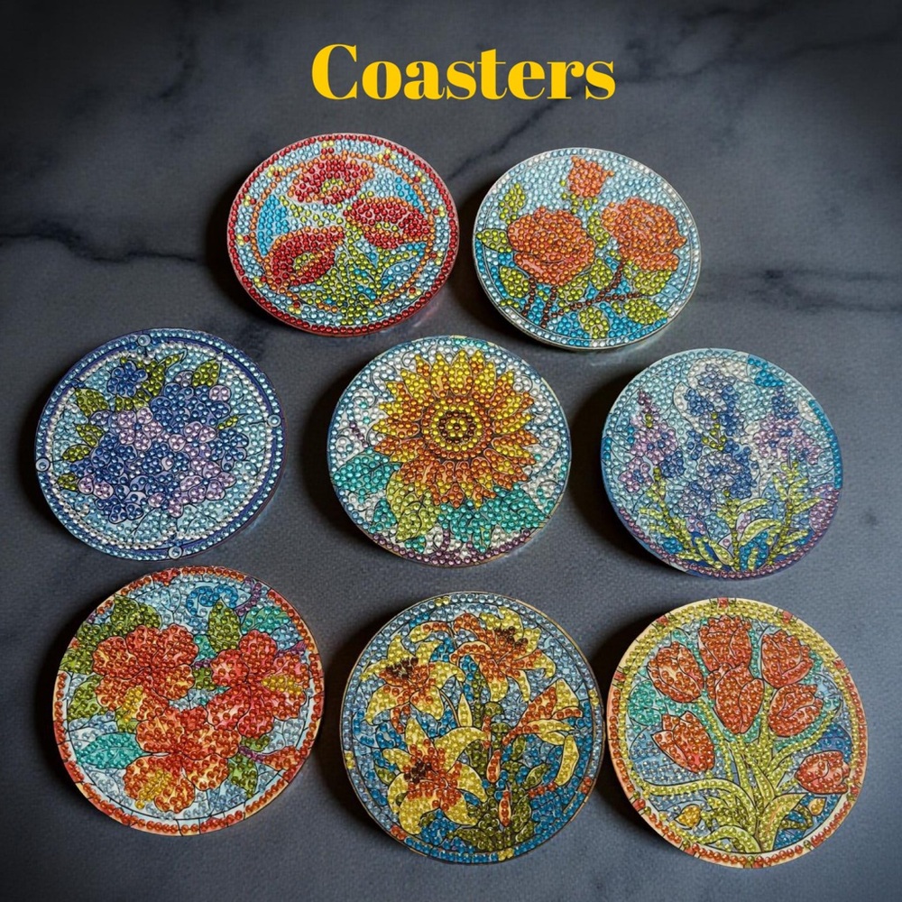 Hand Crafted Colorful Diamond Art Floral Coasters Set